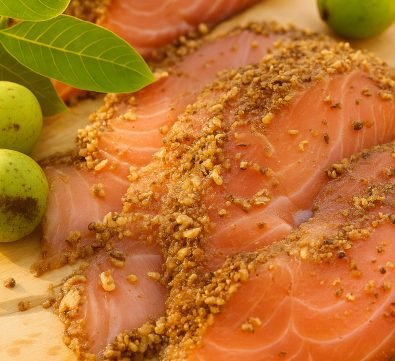 Graved Lachs &AElig;r&oslash; mit ger&ouml;steten Waln&uuml;ssen, daneben gr&uuml;ne Waln&uuml;sse und Walnussbl&auml;tter
